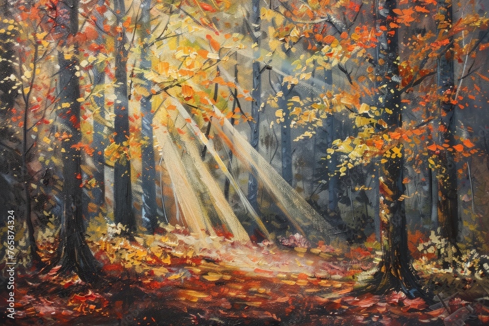 A painting depicting a sunbeam shining through the trees in a forest, casting a warm glow on the foliage and forest floor