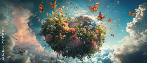 A group of butterflies fluttering around a planet made entirely of flowers and lush gardens
