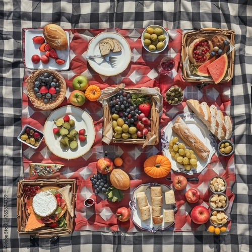 A flat lay of a picnic spread on a checkered blanket arranged to create a symmetrical pattern