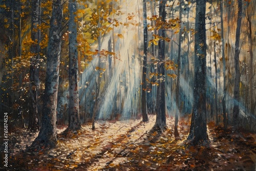 A painting depicting a sunbeam shining through the dense forest, casting a warm glow on the trees and foliage