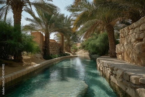 A tranquil desert oasis with palm trees and a shimmering pool of water, a refuge in the arid landscape © art design