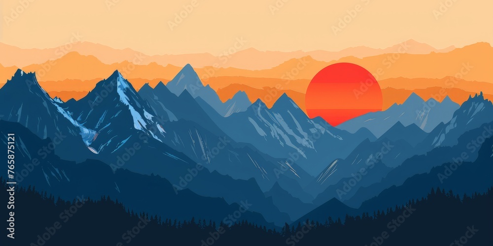 A painting depicting the sun setting behind a range of mountains, casting warm hues across the sky and the rugged landscape