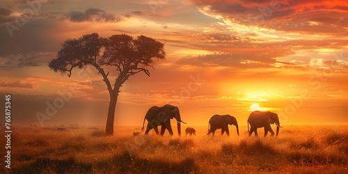  Majestic savannah with a herd of elephants grazing in the distance and a fiery sunset sky in the background. © kalsoom