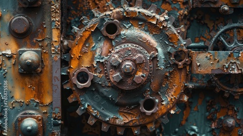 A close-up of a rusting, metal gear mechanism, highlighting the texture and patterns of wear and decay
