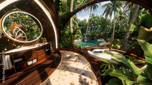  a bath room with a sink a mirror and a bath tub with a view of a pool and palm trees.