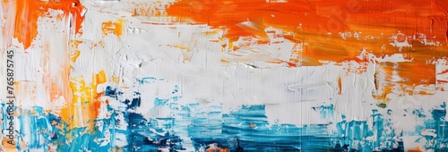 This abstract painting features a vibrant blend of orange  blue  and white colors creating dynamic movement and contrast on the canvas