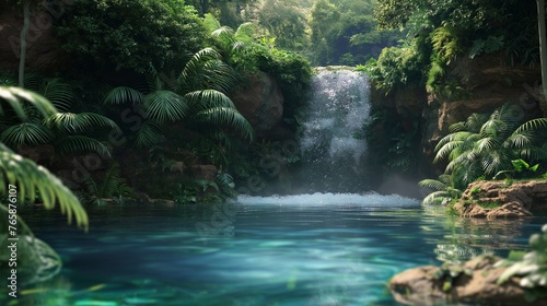 A tranquil waterfall cascading into a crystal-clear pool surrounded by lush greenery