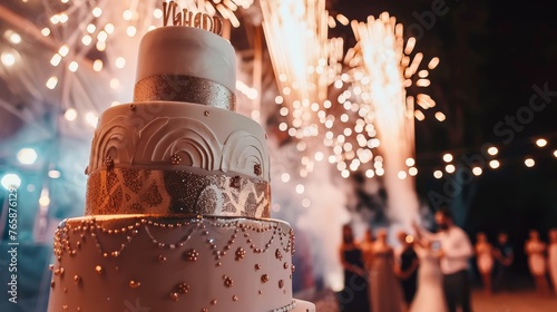  a wedding cake sitting on top of a table covered in confetti and lite up with sparklers. photo