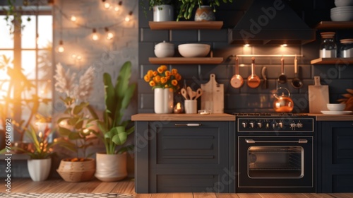  a kitchen with a stove top oven sitting next to a potted plant and potted plants on a shelf.