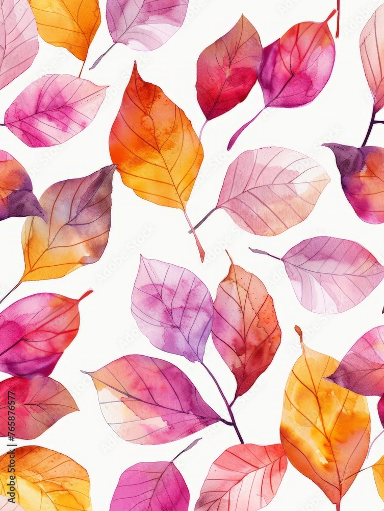 A vibrant painting featuring colorful leaves in various shades, shapes, and sizes set against a plain white background