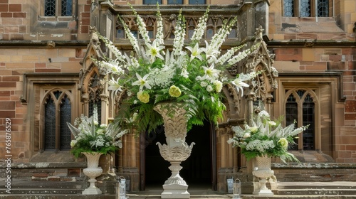  a large vase filled with white flowers on top of a set of steps in front of a tall brick building.
