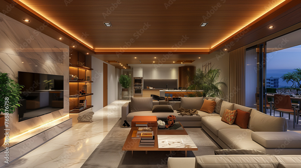 Luxurious Interior Design: Open Plan Living Room Illuminated by Night Lights
Luxurious Interior Design: Open Plan Living Room Illuminated by Night Lights
