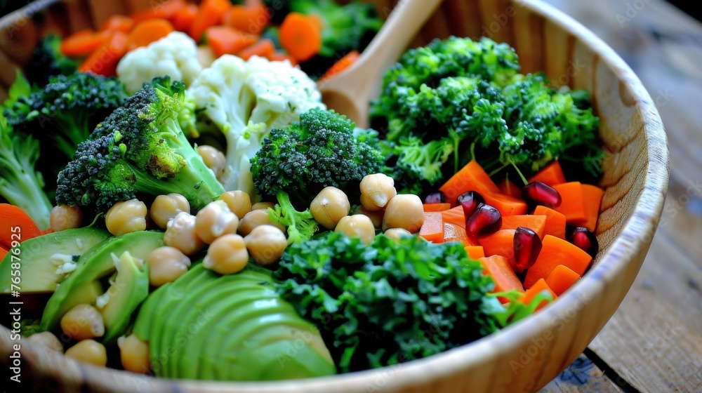 a wooden bowl filled with broccoli, cauliflower, carrots, and other veggies. a wooden bowl filled with broccoli, cauliflower, carrots, and other veggies.