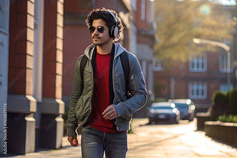 Latin Man Enjoying Urban Walk on city streets with music on his headphones