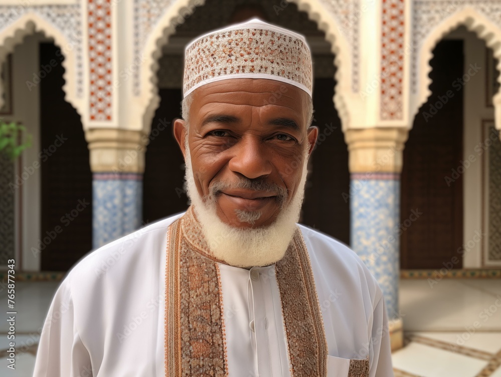 An Elderly Man Smiles in a Moroccan Courtyard