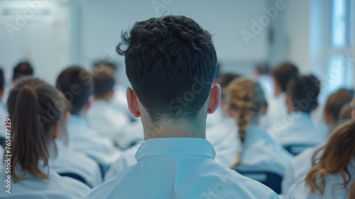 A teacher's back view with rows of students in uniforms facing a blackboard. photo
