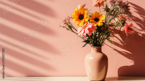 Bright daisies flowers bouquet in pink vase on table  shadows on pink wall