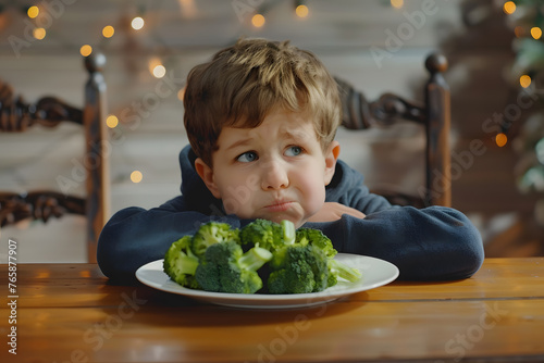 
A child's expression of disgust in front of a plate of broccoli. Healthy child nutrition concept
