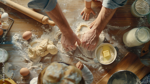 A child and adult knead dough together on a flour-dusted surface with baking ingredients around. photo