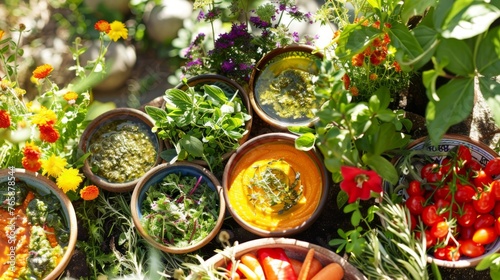  a group of bowls filled with different types of vegetables and sauces on top of a table in a garden.