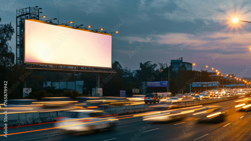 White Blank Illuminated Billboard on Busy Road at Night, Generative AI