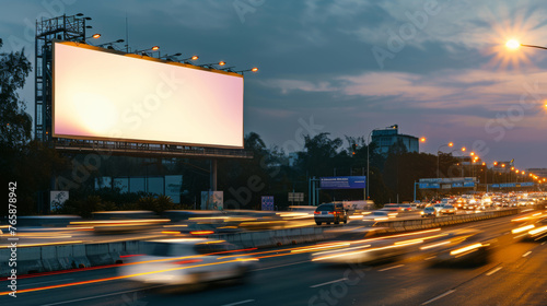 Obraz na płótnie White Blank Illuminated Billboard on Busy Road at Night, Generative AI w salonie