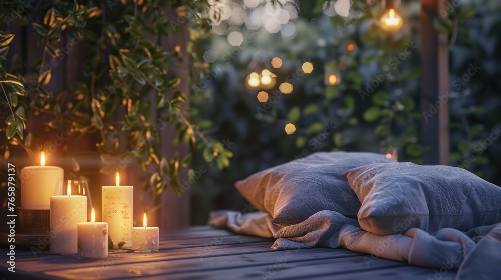 garden view with trendy furniture, lamps, lanterns and candles