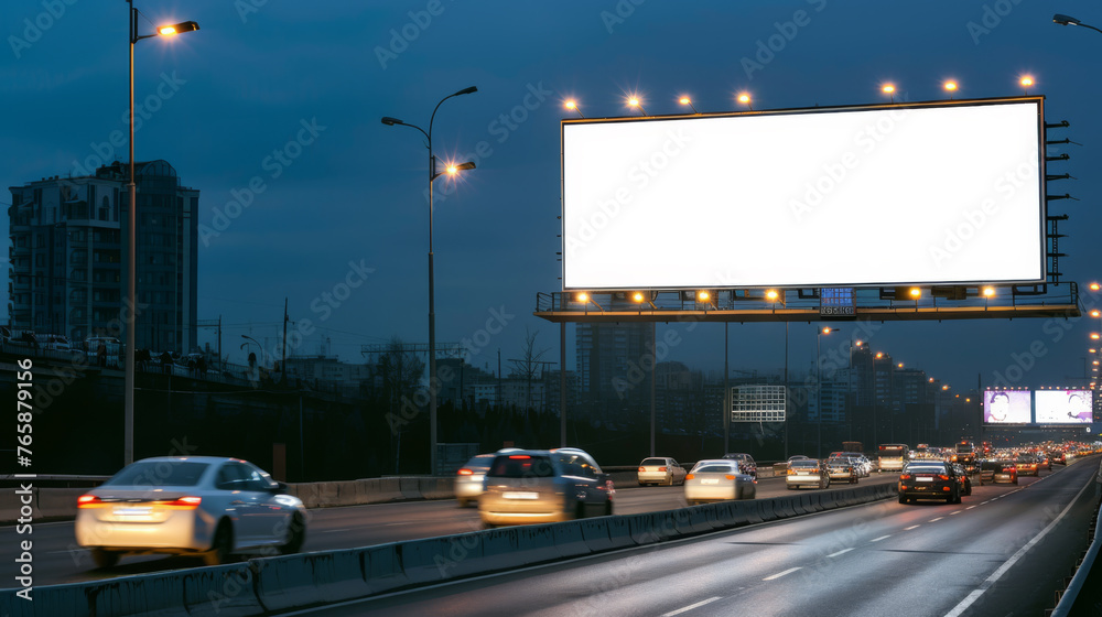 White Blank Illuminated Billboard on Busy Road at Night, Generative AI