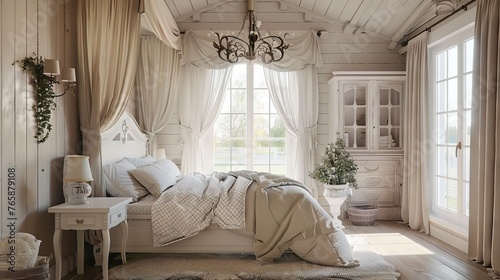 White bedroom. Beautiful country bedroom with large windows. © VISUAL BACKGROUND