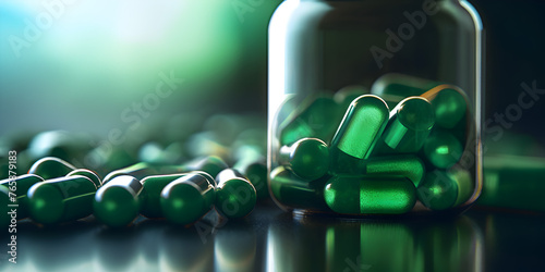 A jar of green pills on a wooden table, Various tablets on the table Close up 