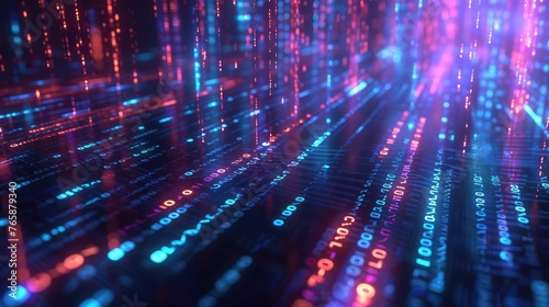 A close-up of streaming binary code on a digital interface, with a glowing bokeh effect, symbolizing complex data processing and computer programming.