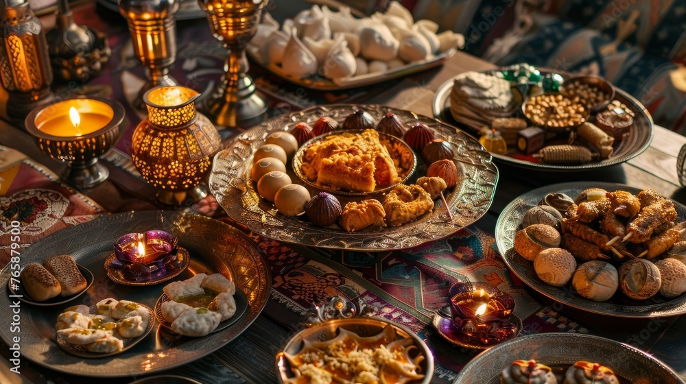 A beautifully decorated table with Ramadan Kareem greeting cards