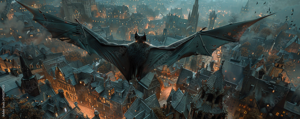 A mythical vampire in bat form soaring over a gothic cityscape at twilight its wings casting eerie shadows on the cobblestone streets below - obrazy, fototapety, plakaty 