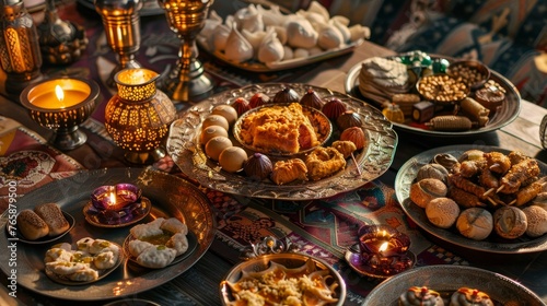 A beautifully decorated table with Ramadan Kareem greeting cards