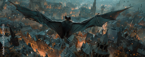 A mythical vampire in bat form soaring over a gothic cityscape at twilight its wings casting eerie shadows on the cobblestone streets below photo