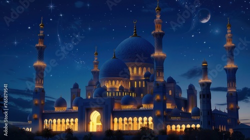 A beautifully illuminated mosque under the night sky