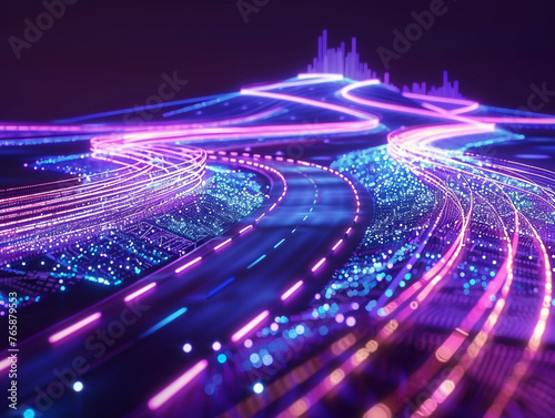 Advanced technology roads enveloped in particles with striking dark blue lines against a dark purple background illustrating the pulse of a futuristic city photo