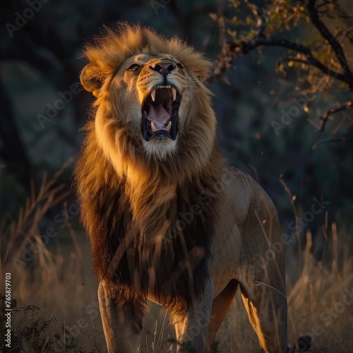Tapety artystyczne Majestic lion standing tall roaring against threats a moment frozen in a compelling wildlife documentary