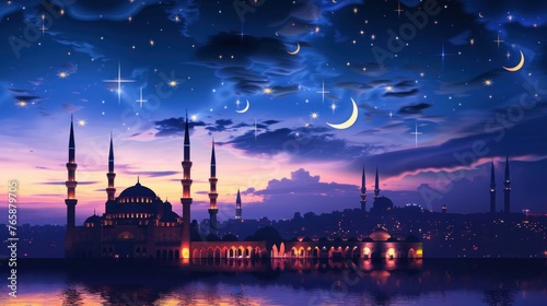 A city skyline with minarets lit up for the Ramadan nights