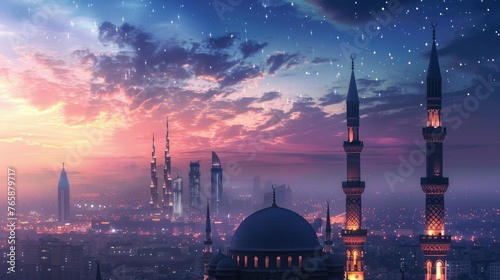 A city skyline with minarets lit up for the Ramadan nights