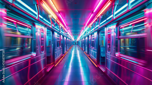 The interior of a subway train lit by vibrant neon lights captured in a long exposure to emphasize speed and movement all while maintaining a calming