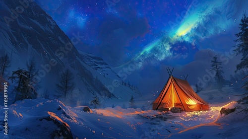 Craft a descriptive scene of a snow-covered tent illuminated © lara