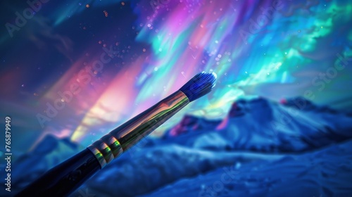 A paintbrush painting colorful auroras in the night sky