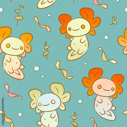 Seamless pattern with cartoon hand drawn axolotl and seaweed on green background. Vector illustration