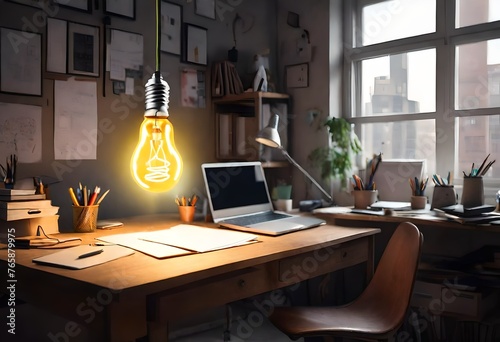 A glowing lightbulb suspended above a cluttered desk, symbolizing the spark of creativity and innovative ideas © Muhammad Faizan