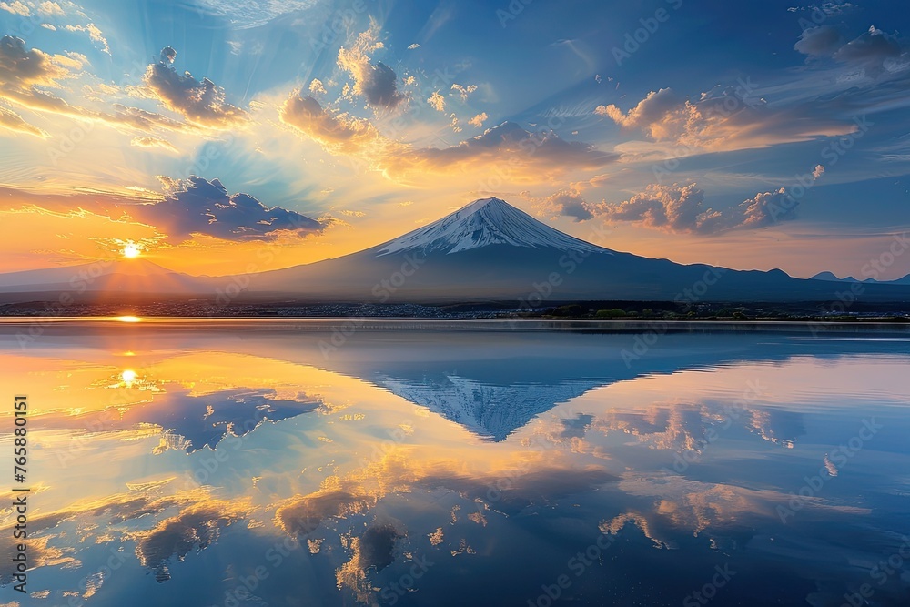Sunrise of Fuji mountain reflection on water 