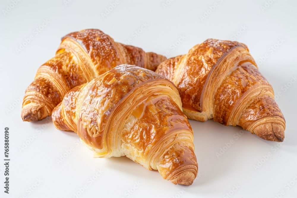Three fresh croissants isolated on a white background.