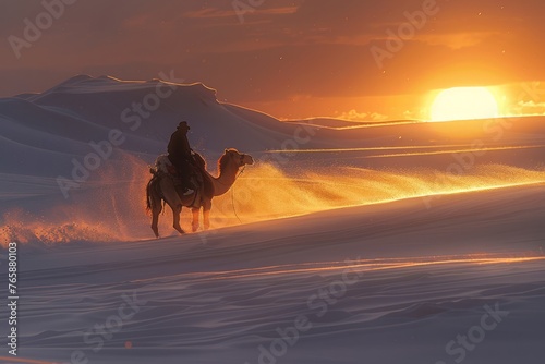 Dawn, desert and camel, dust with light