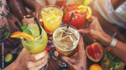  a group of people holding glasses filled with different types of drinks and garnished with garnishes. photo