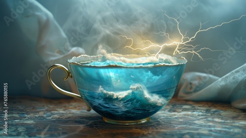 A teacup with a stormy sea inside, complete with miniature lightning
